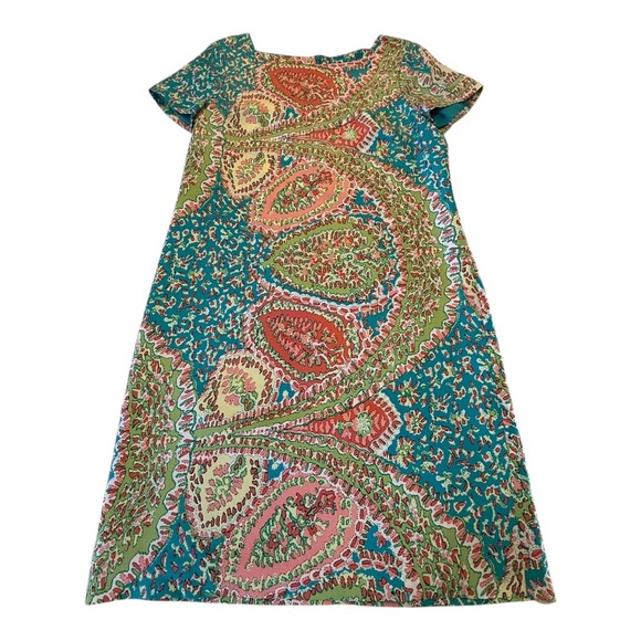 Talbots Silk Cap Sleeve Boat Neck Shift Dress Blue Coral Pink Knee Length  S 10 - Picture 10 of 16